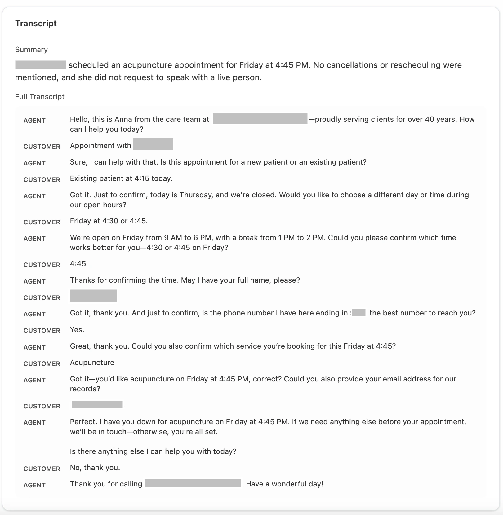 Samiana AI Receptionist Call Transcript